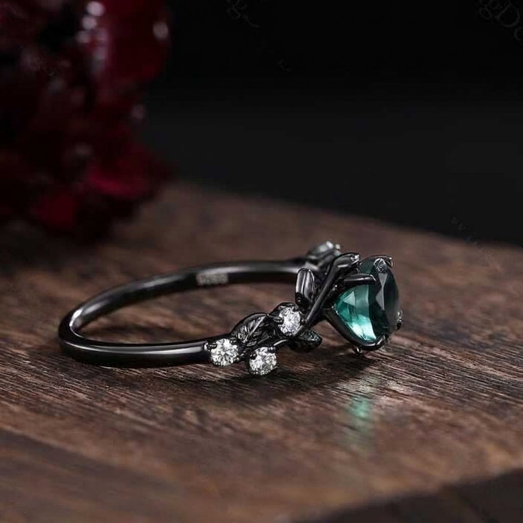 Gothic Black Gold Leaf Round Green Emerald Engagement Ring