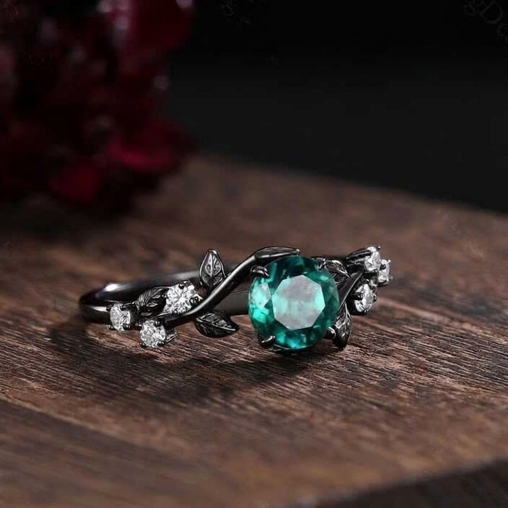 Gothic Black Gold Leaf Round Green Emerald Engagement Ring