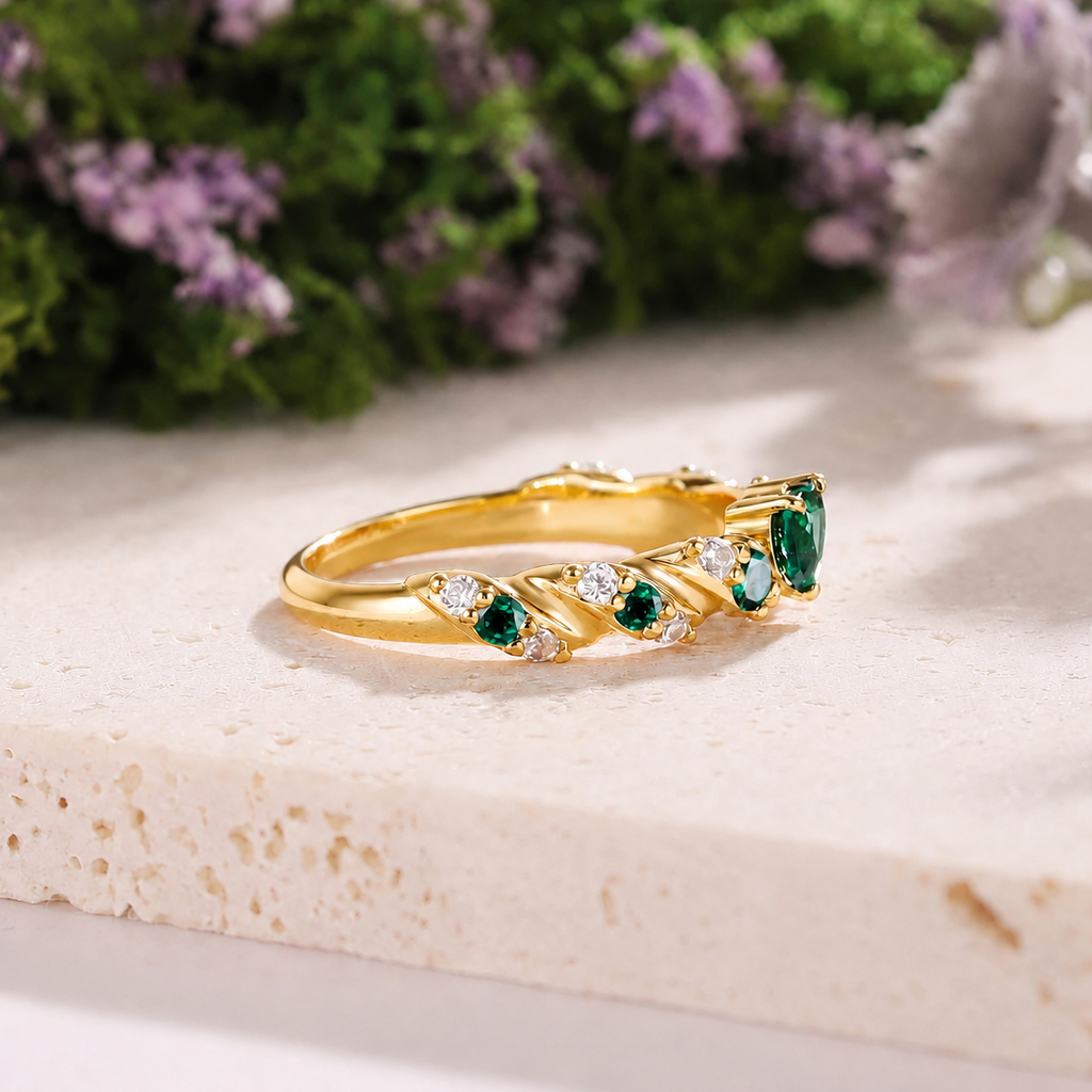 Twisted Vine Heart Green Emerald Promise Ring