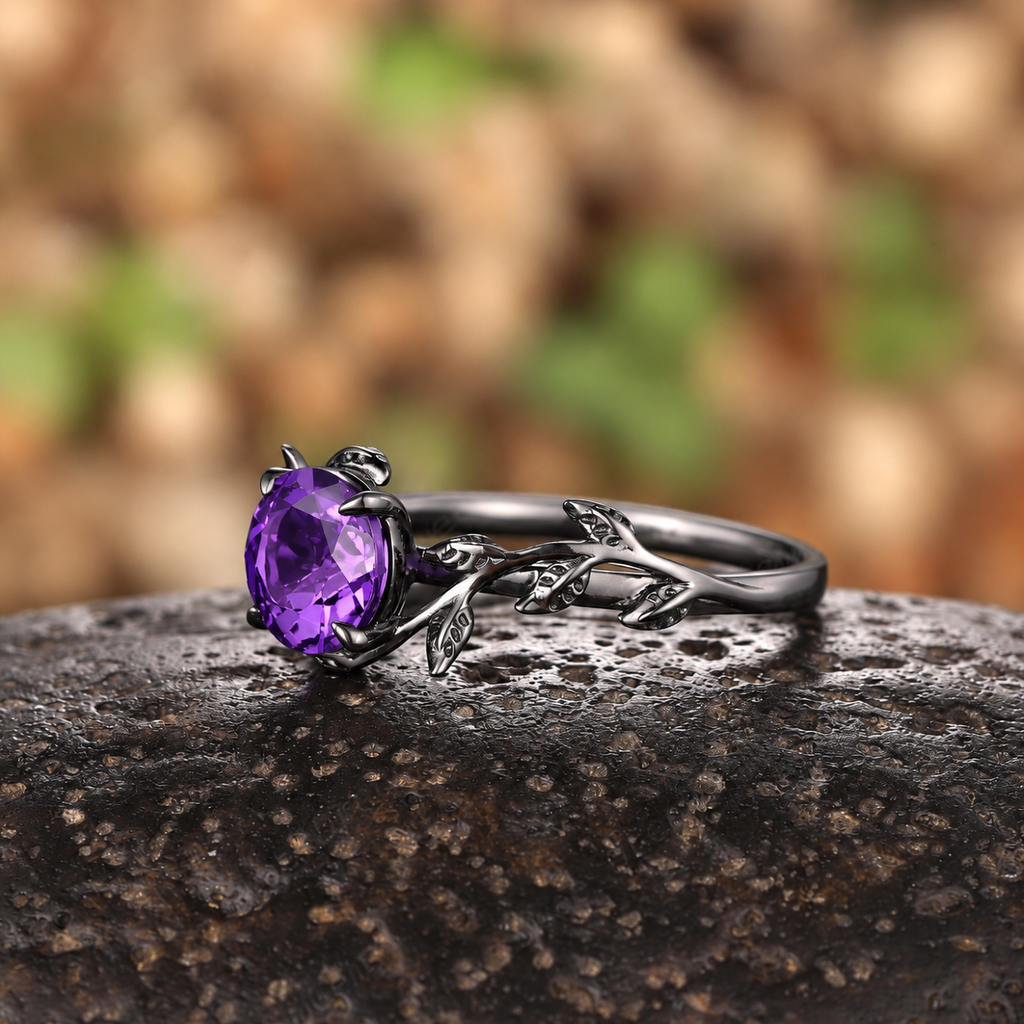 Gothic Black Gold Twisted Vine Round Amethyst Engagement Ring