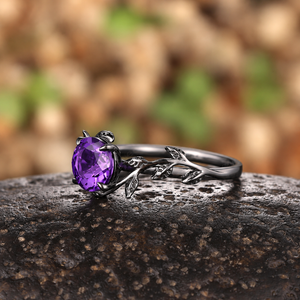 Gothic Black Gold Twisted Vine Round Amethyst Engagement Ring
