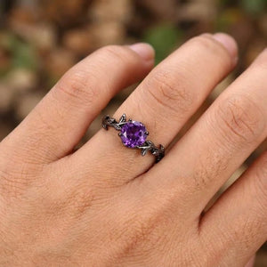 Gothic Black Gold Twisted Vine Round Amethyst Engagement Ring