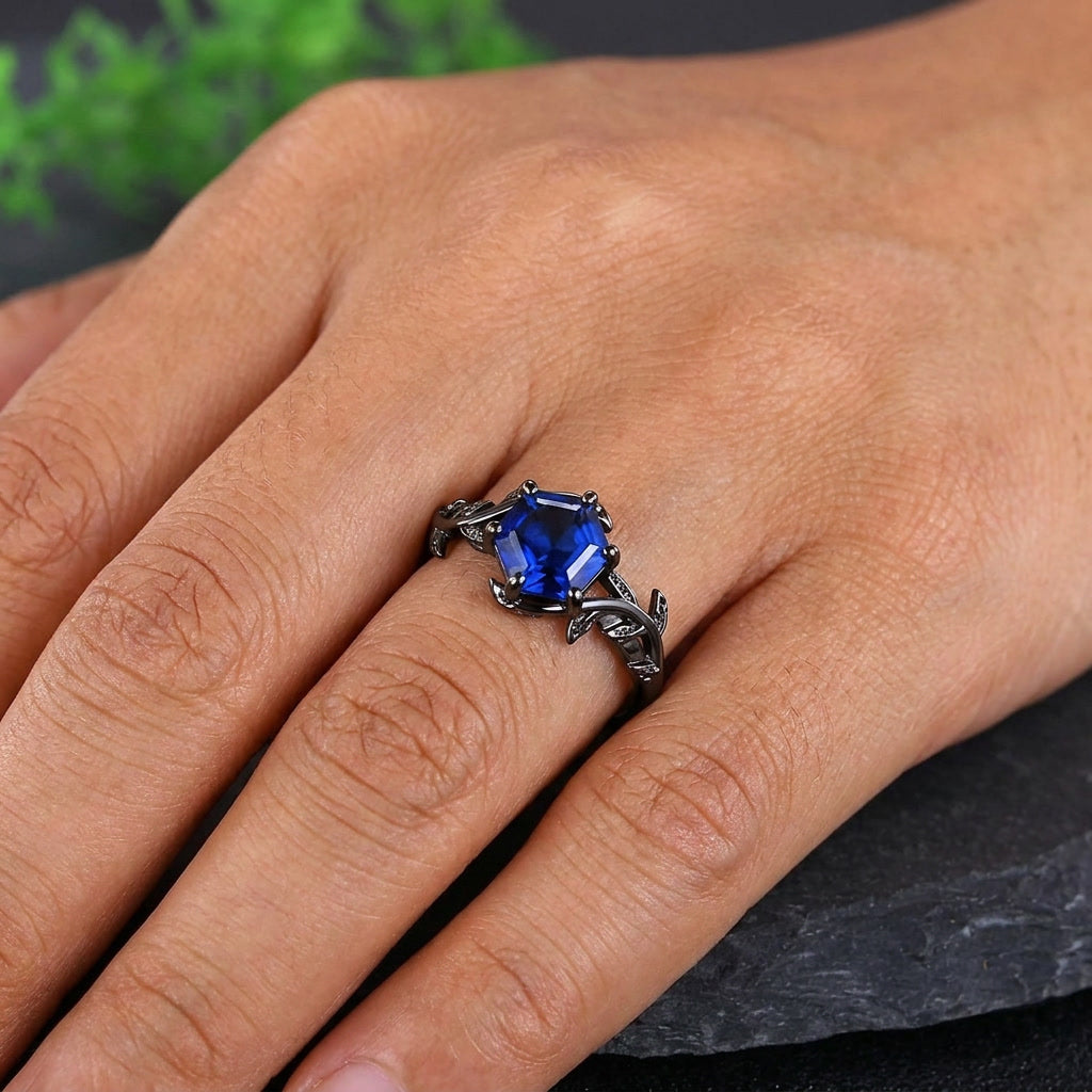 Gothic Black Gold Leaf Octagon Blue Sapphire Engagement Ring
