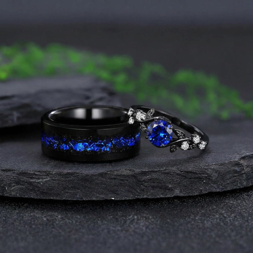 Gothic Leaf Sapphire & Tungsten Couple Ring Set