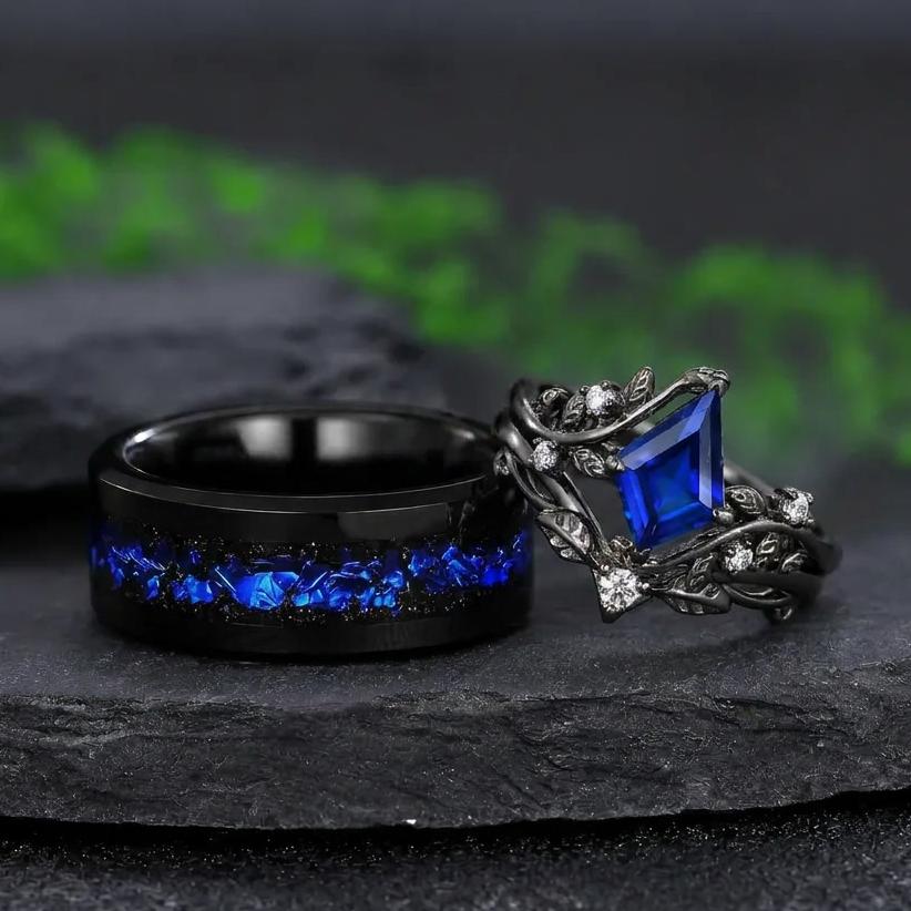 Nature Inspired Leaf Sapphire Couple Ring Set