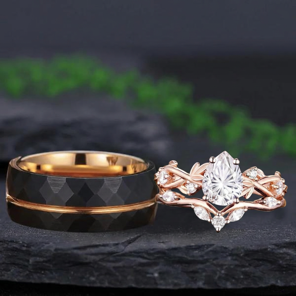 Inspired Leaf Moissanite Bridal Set Couple Ring Set His and Her Engagement Ring