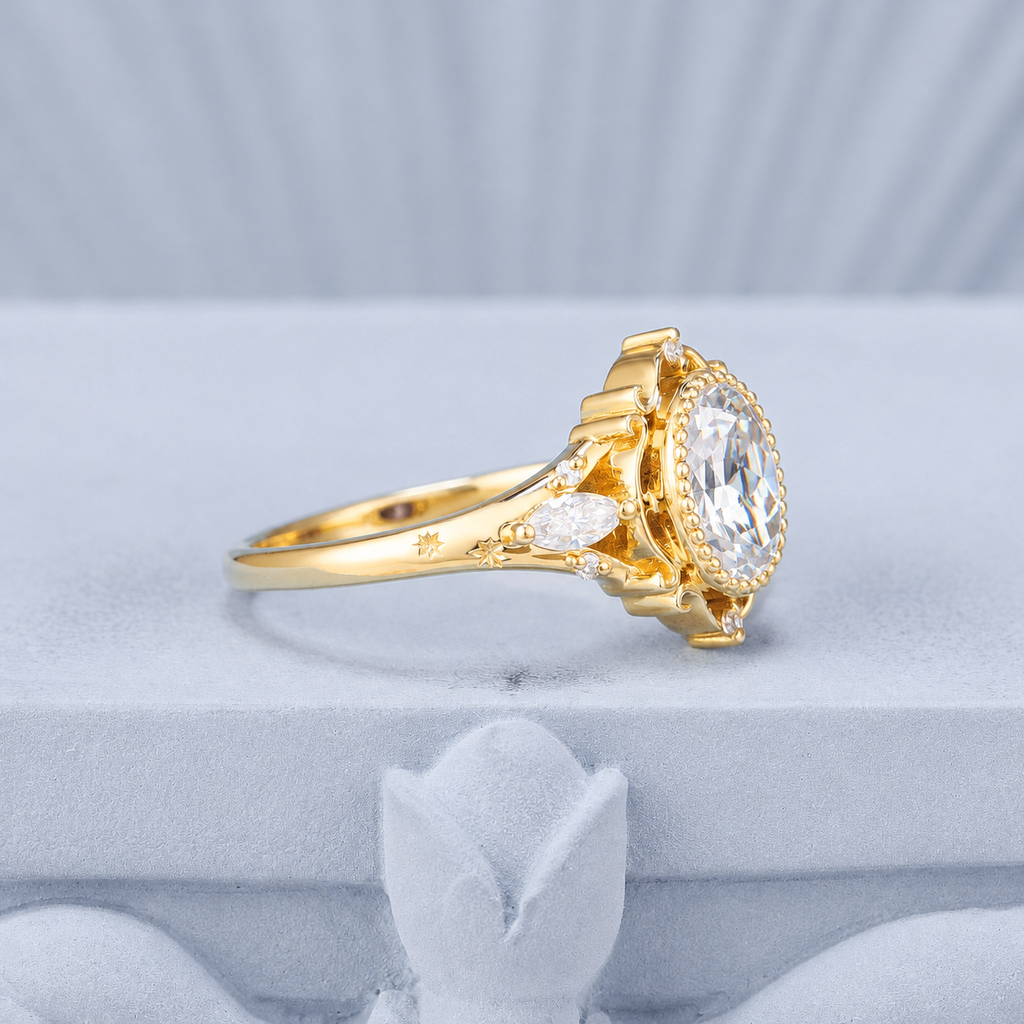 Vintage Milgrain Oval White Moissanite Engagement Ring