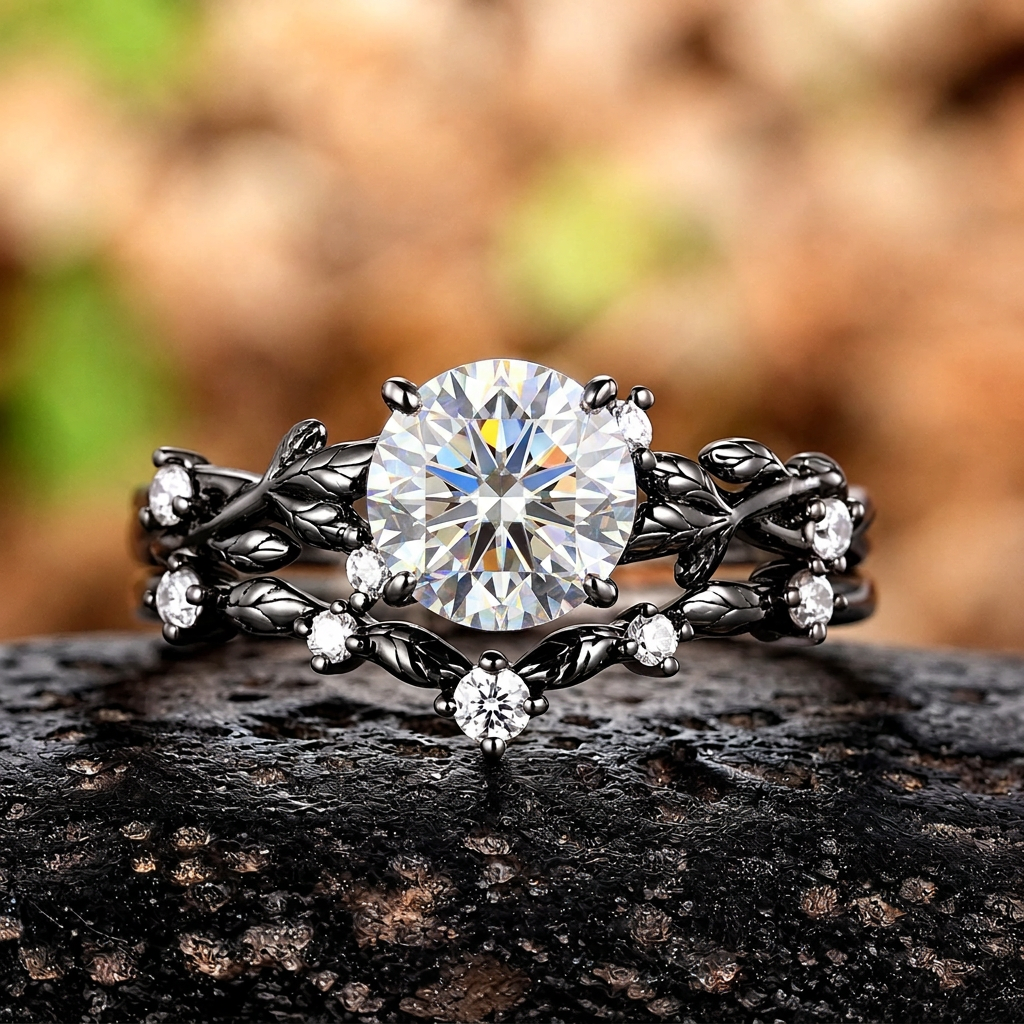 Gothic Black Gold Leaf Round White Moissanite Ring Set