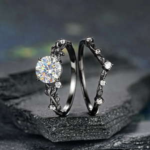 Gothic Black Gold Leaf Round White Moissanite Ring Set