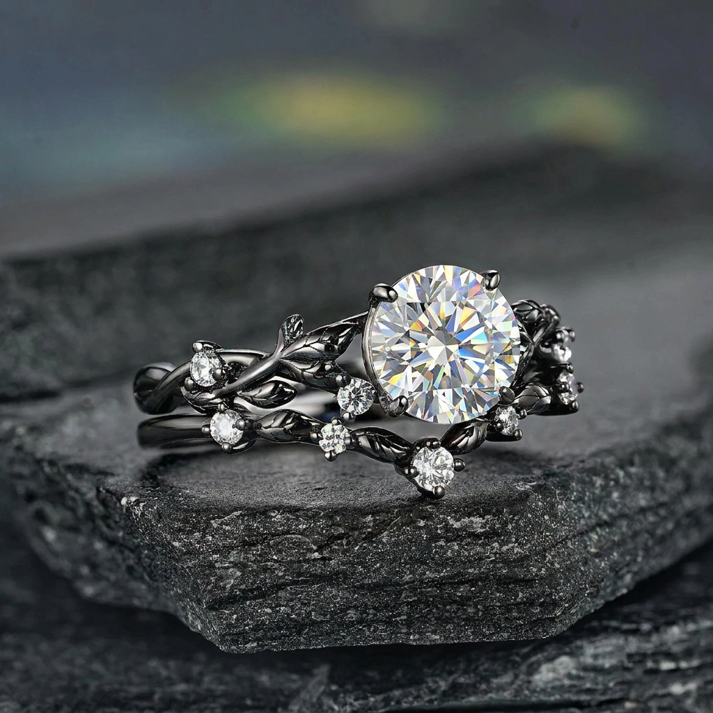 Gothic Black Gold Leaf Round White Moissanite Ring Set