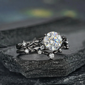 Gothic Black Gold Leaf Round White Moissanite Ring Set