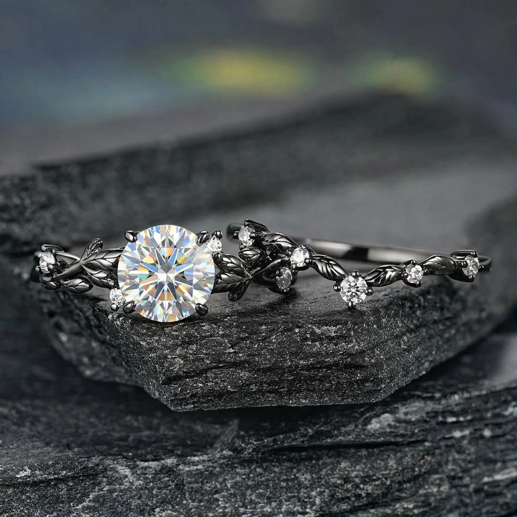 Gothic Black Gold Leaf Round White Moissanite Ring Set