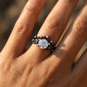 Gothic Black Gold Leaf Round White Moissanite Ring Set