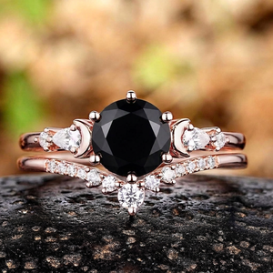Vintage Pear Accent Round Black Onyx Bridal Ring Set