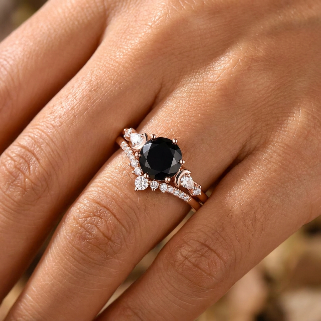 Vintage Pear Accent Round Black Onyx Bridal Ring Set
