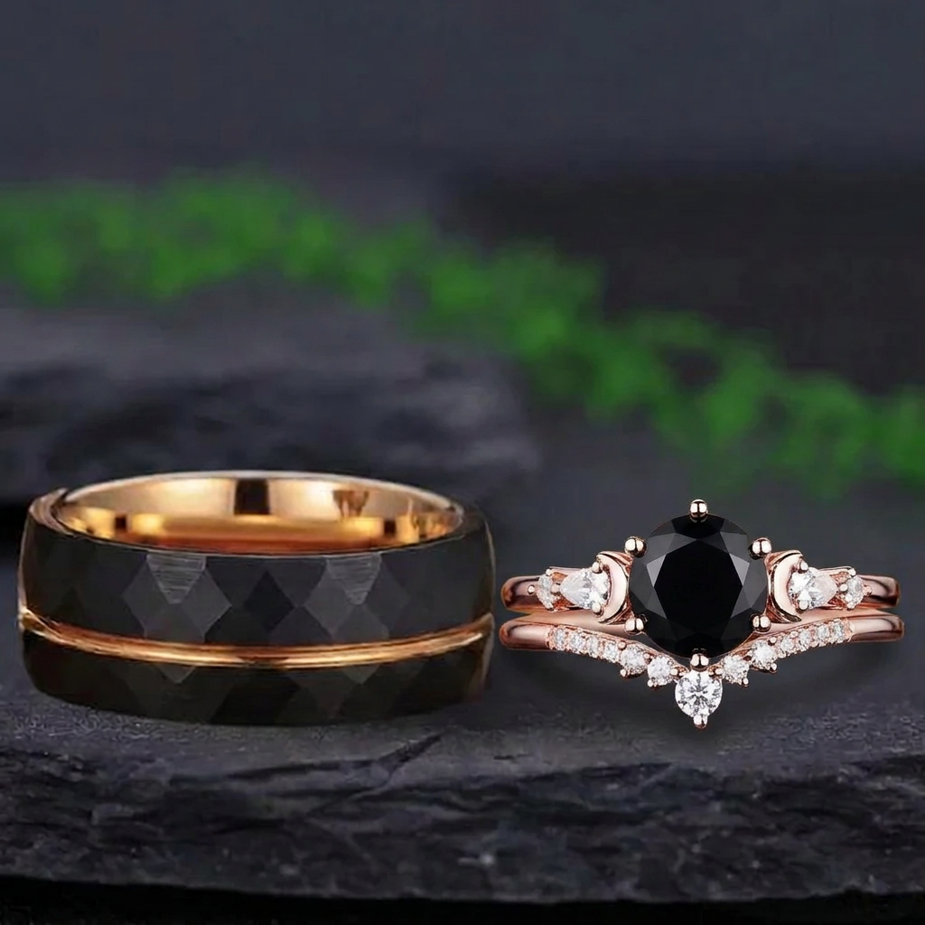 Vintage Black Onyx & Rose Gold Tungsten Couple Ring Set