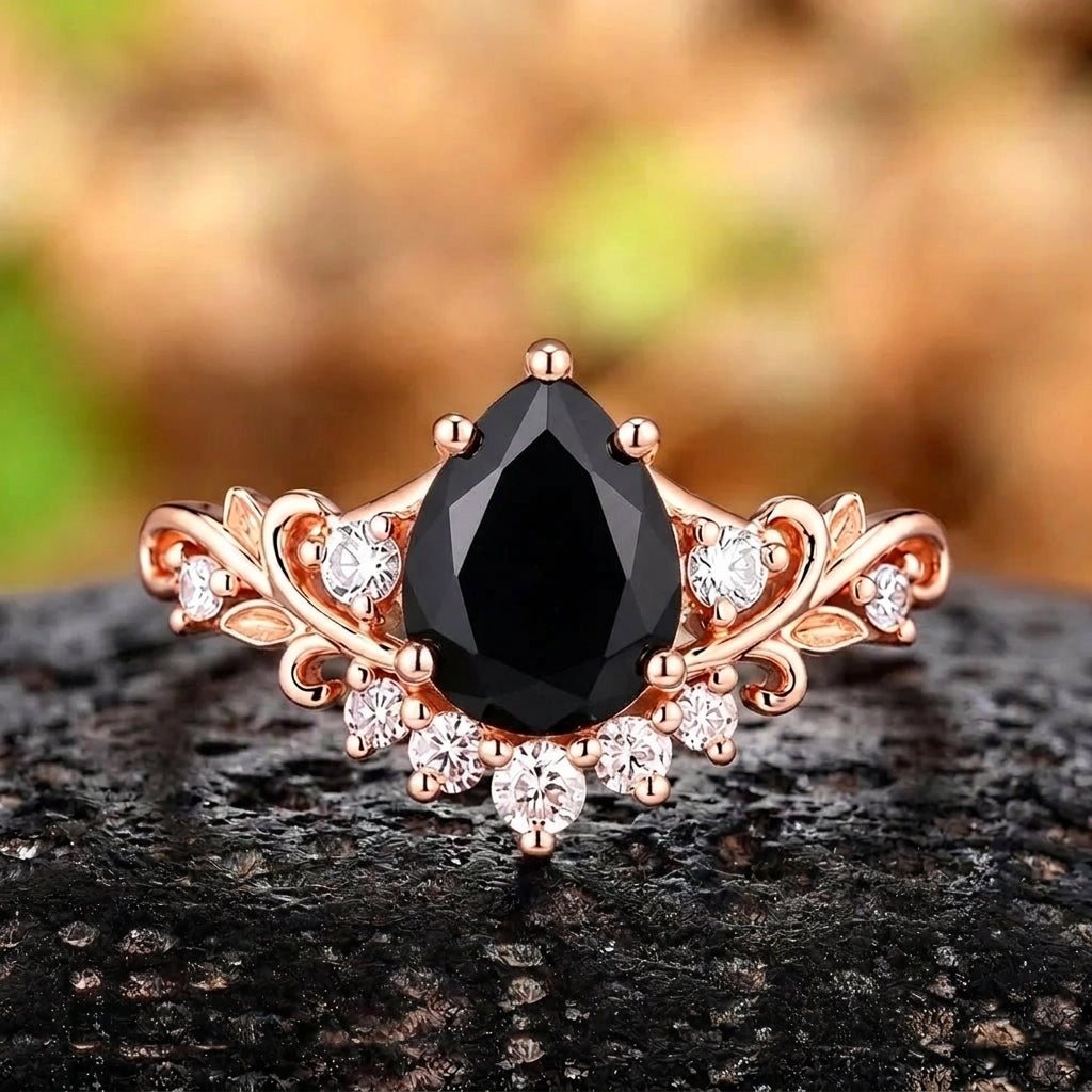 Vintage Floral Leaf Cluster Pear Black Onyx Engagement Ring