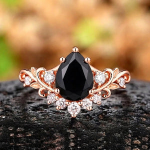 Vintage Floral Leaf Cluster Pear Black Onyx Engagement Ring