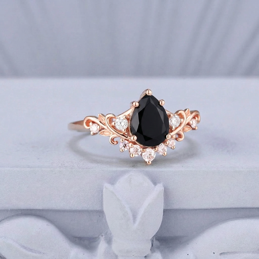 Vintage Floral Leaf Cluster Pear Black Onyx Engagement Ring
