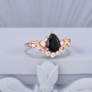 Vintage Floral Leaf Cluster Pear Black Onyx Engagement Ring