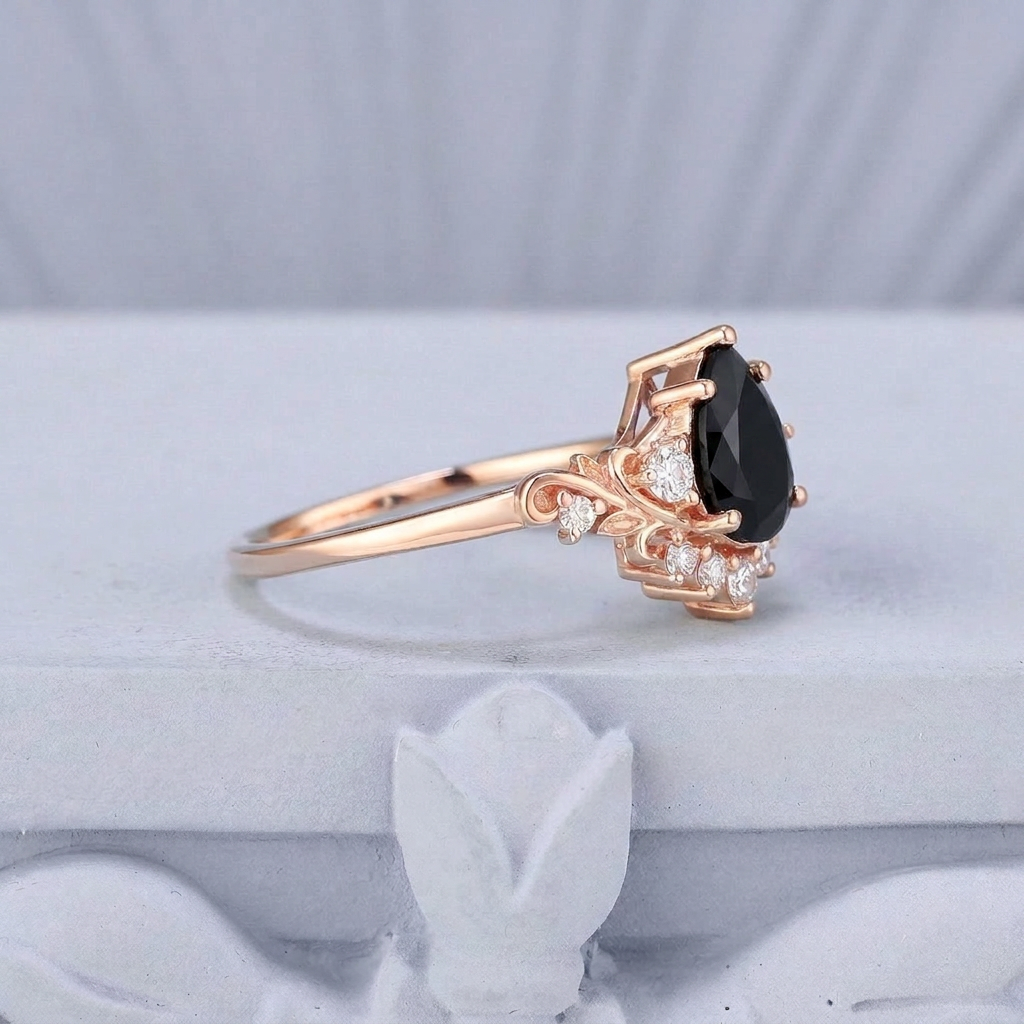 Vintage Floral Leaf Cluster Pear Black Onyx Engagement Ring