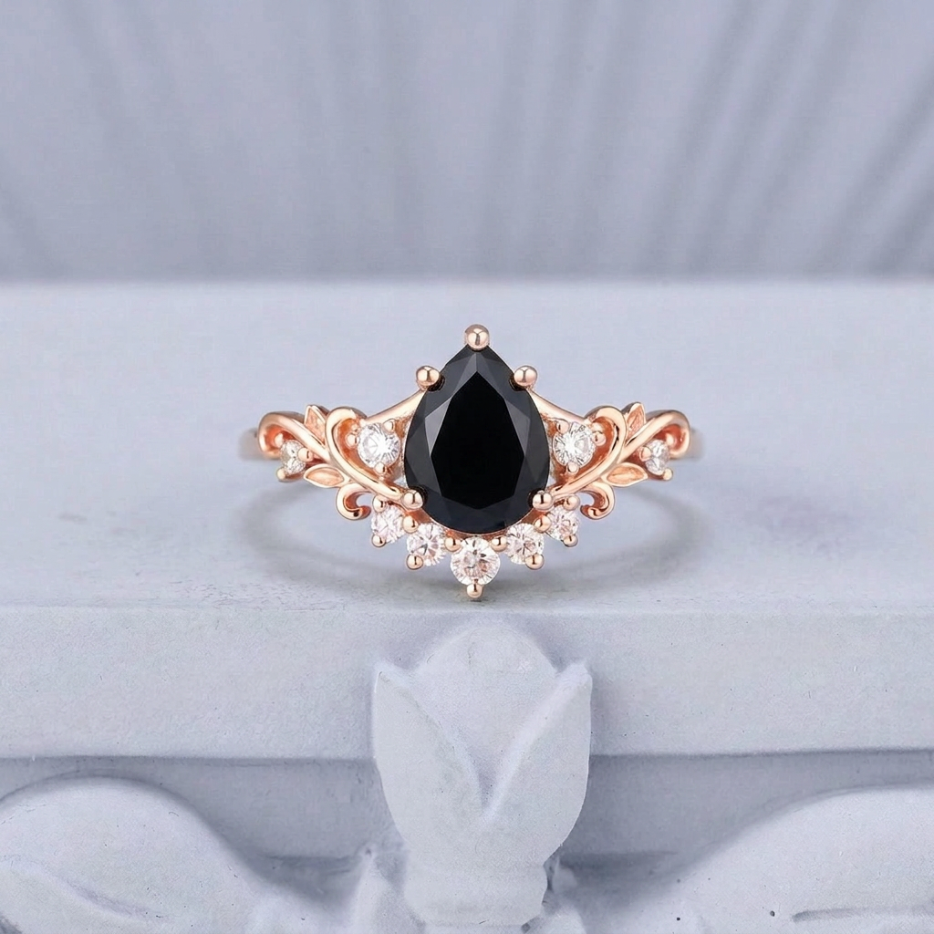 Vintage Floral Leaf Cluster Pear Black Onyx Engagement Ring