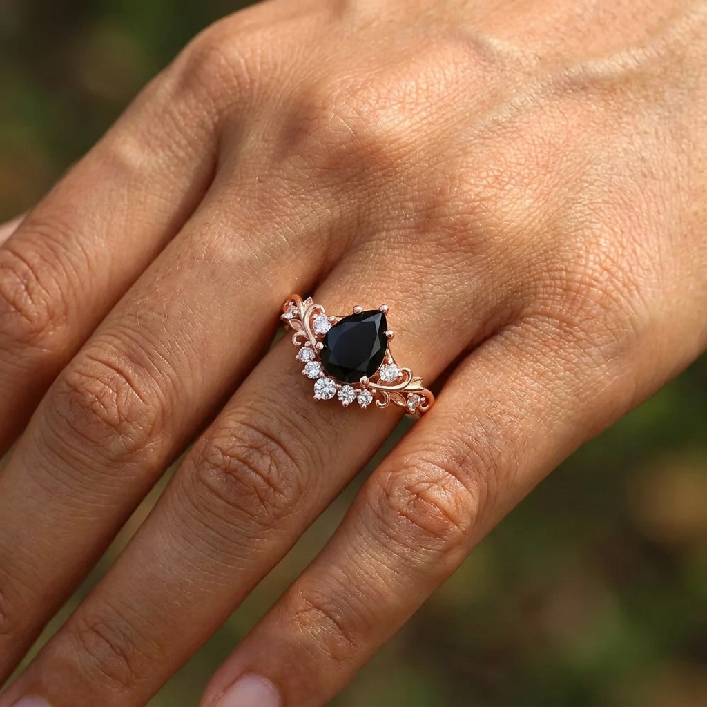 Vintage Floral Leaf Cluster Pear Black Onyx Engagement Ring