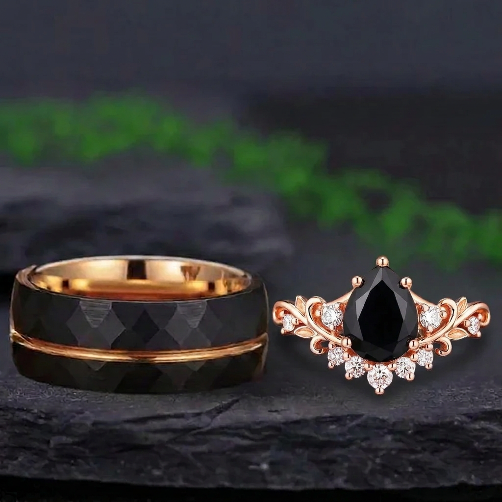 Pear Cut Gothic Leaf Black Onyx Couple Ring Set