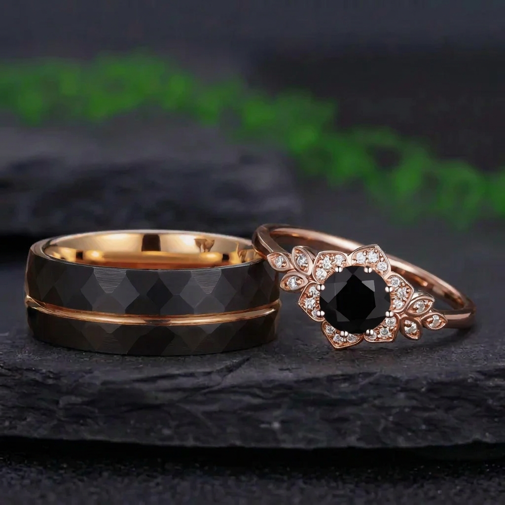 Vintage Black Onyx & Tungsten Couple Ring Set