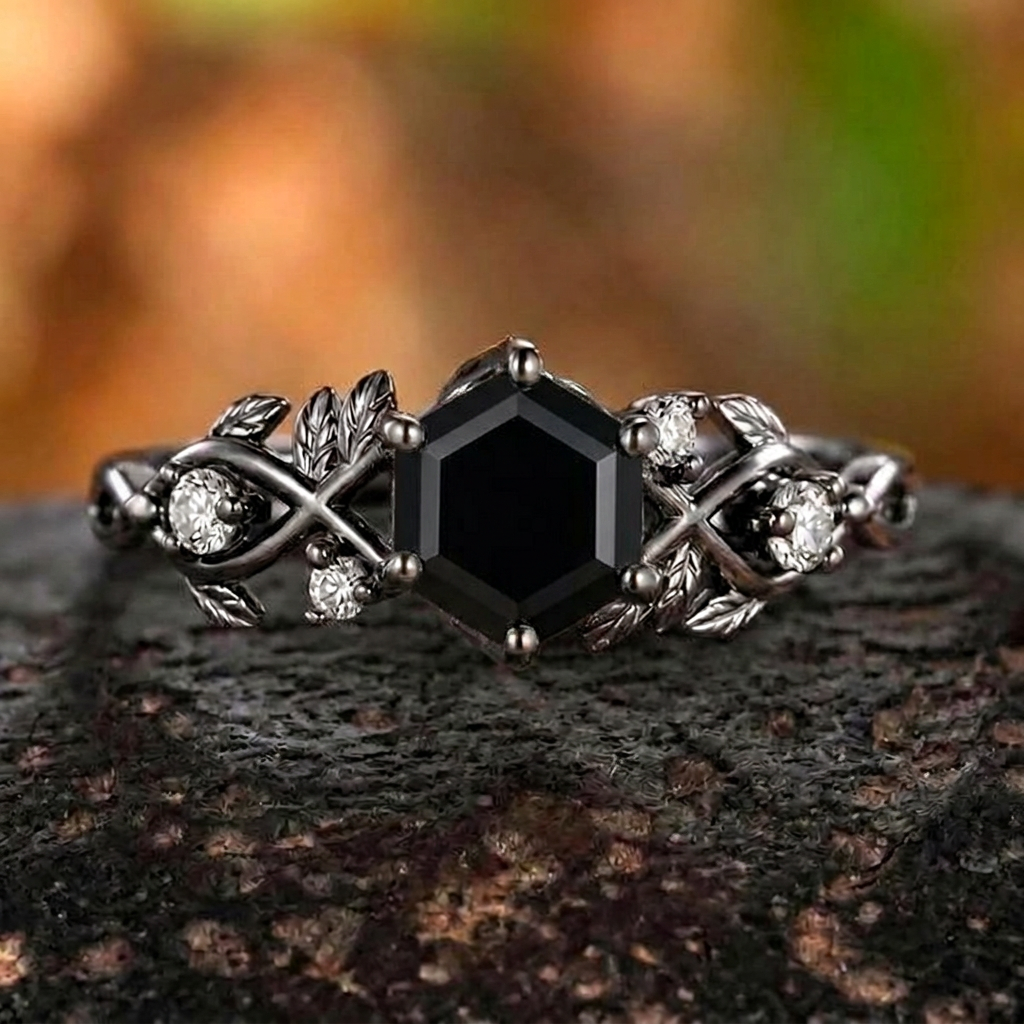 Vintage Milgrain Crown Hexagon Black Onyx Ring
