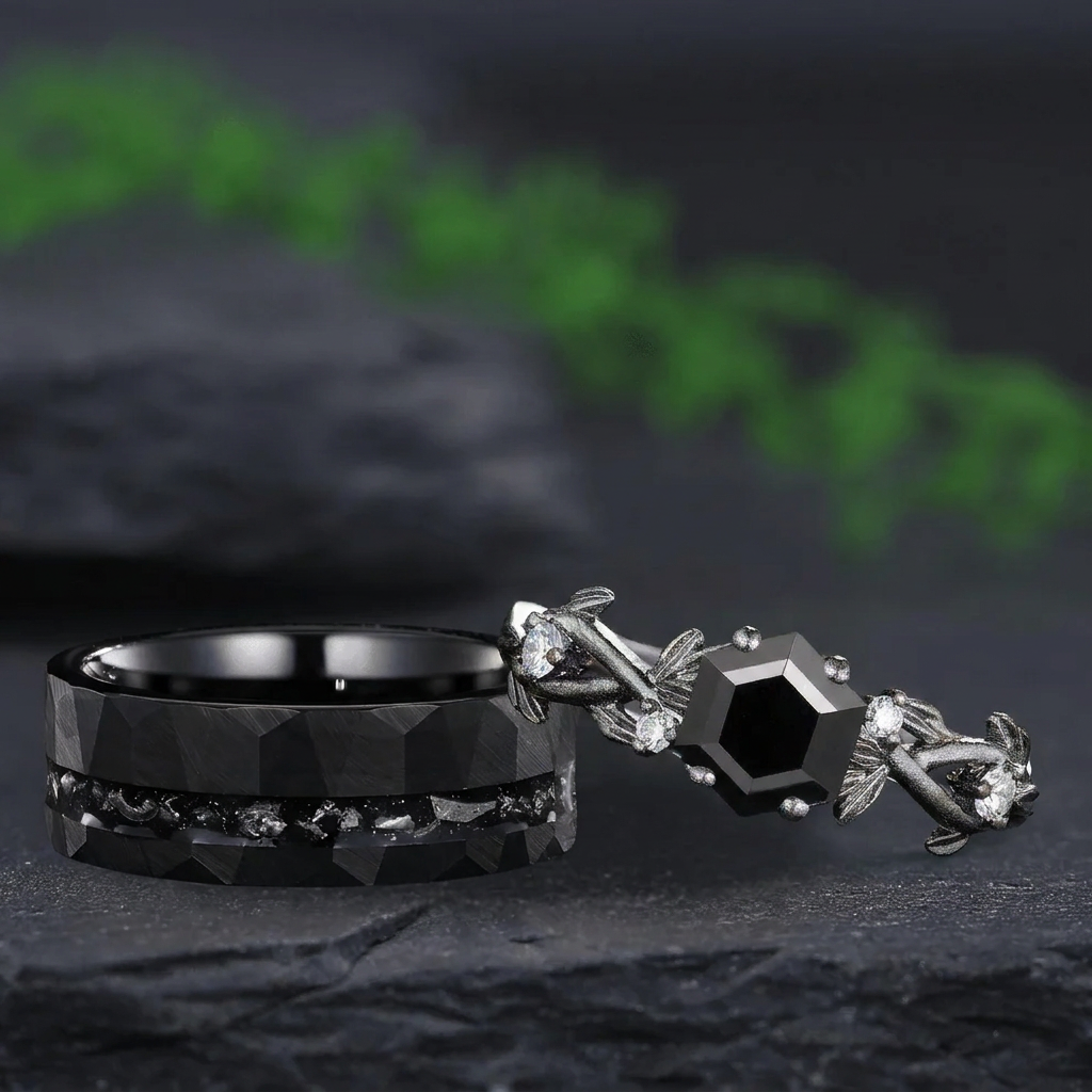 Black Onyx Couple Ring Set His and Her Vintage Art Deco Engagement Ring