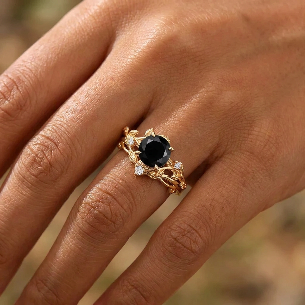 Her Ring - Vintage Yellow Gold Twisted Vine Round Black Onyx Ring Set