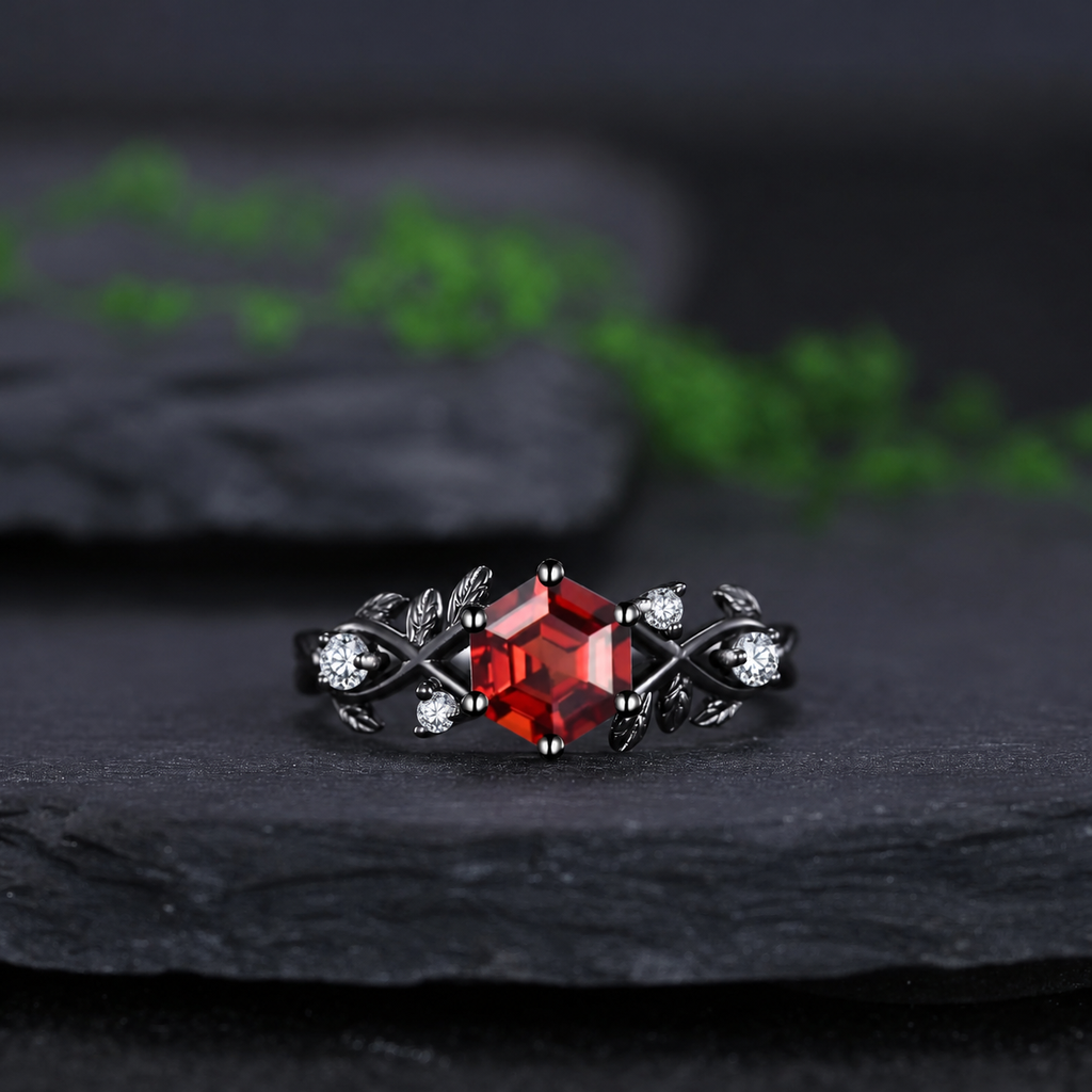 Gothic Black Gold Twisted Hexagon Red Garnet Engagement Ring