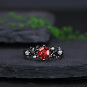 Gothic Black Gold Twisted Hexagon Red Garnet Engagement Ring