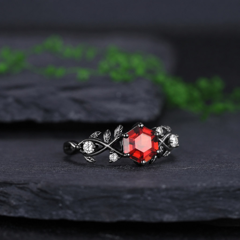 Gothic Black Gold Twisted Hexagon Red Garnet Engagement Ring