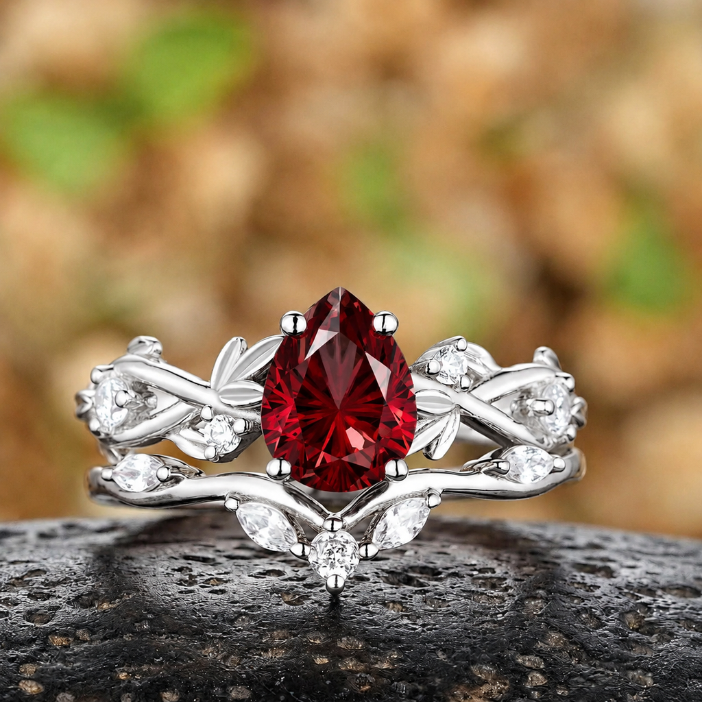 Vintage Leaf Marquise Accent Pear Red Garnet Bridal Ring Set