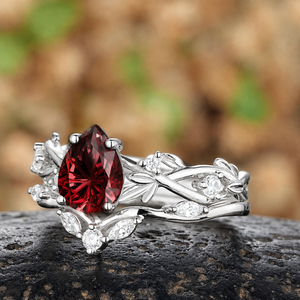 Vintage Leaf Marquise Accent Pear Red Garnet Bridal Ring Set