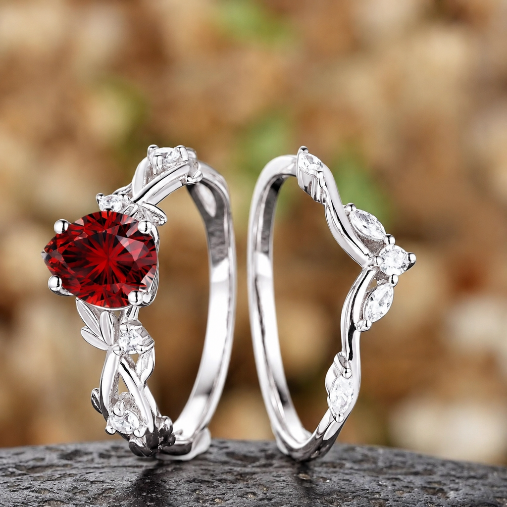 Vintage Leaf Marquise Accent Pear Red Garnet Bridal Ring Set