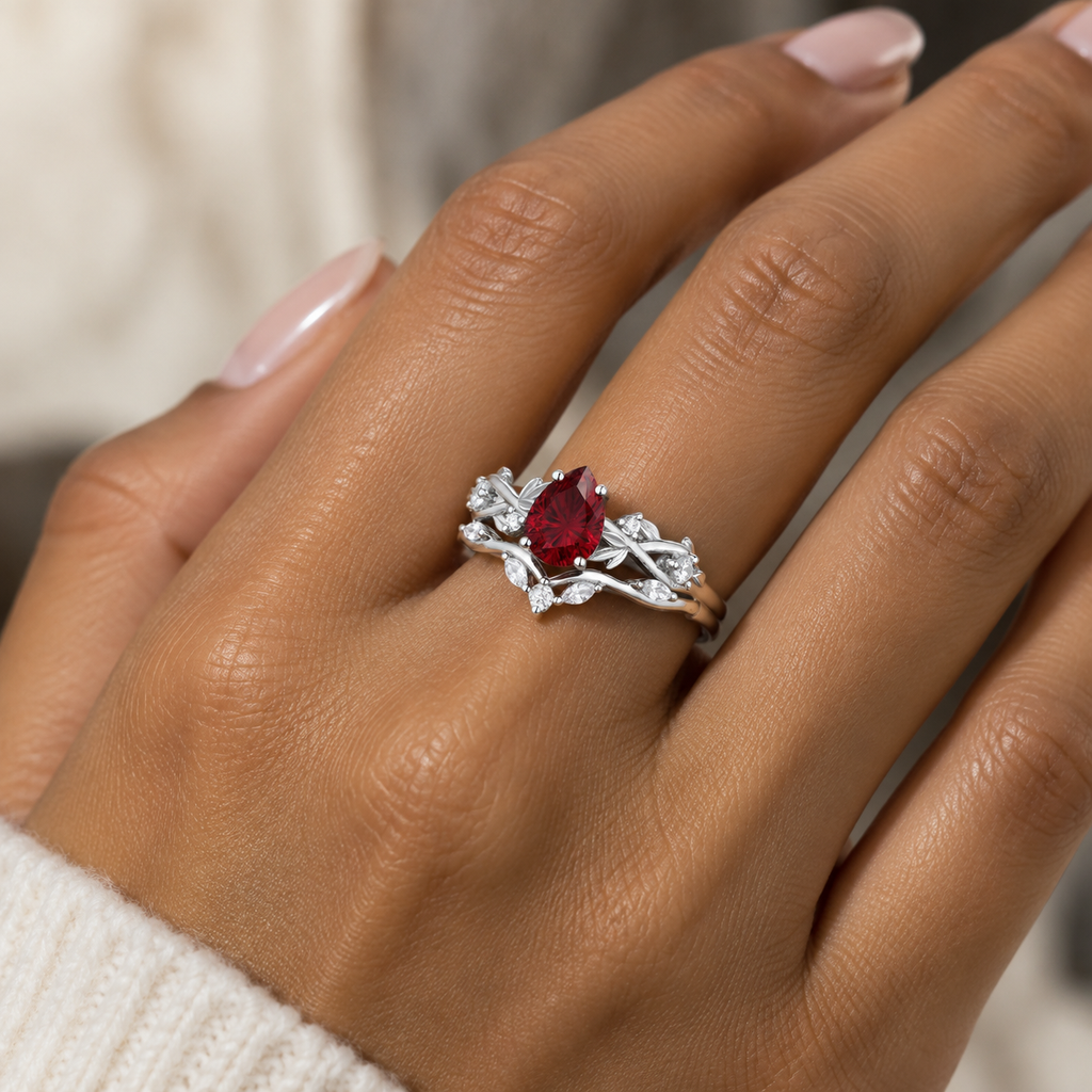 Vintage Leaf Marquise Accent Pear Red Garnet Bridal Ring Set