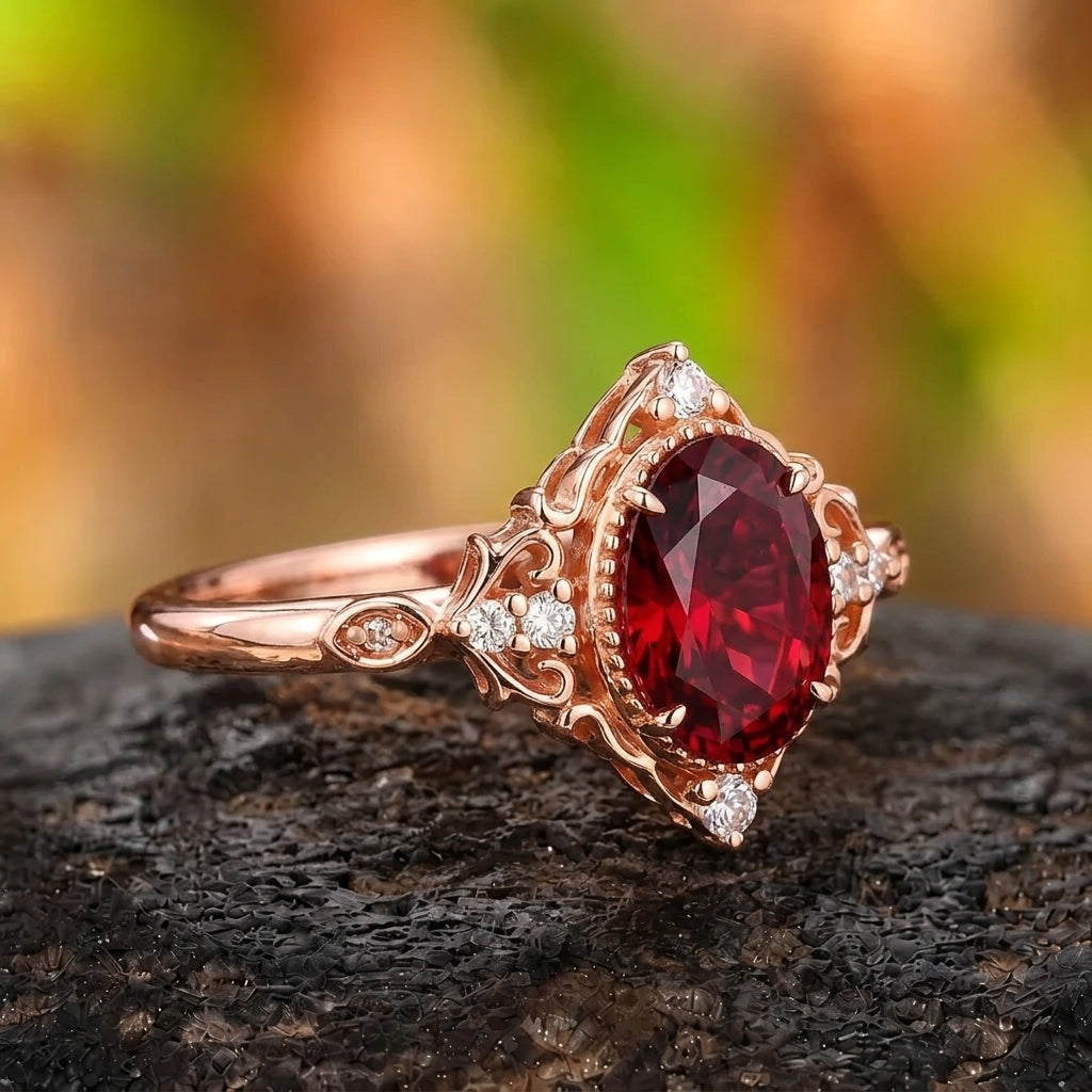Vintage Milgrain Filigree Oval Red Garnet Engagement Ring