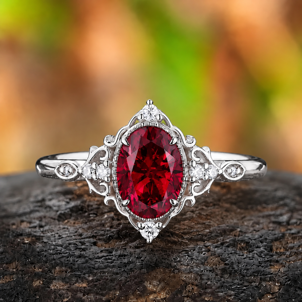 Vintage Milgrain Filigree Oval Red Garnet Engagement Ring