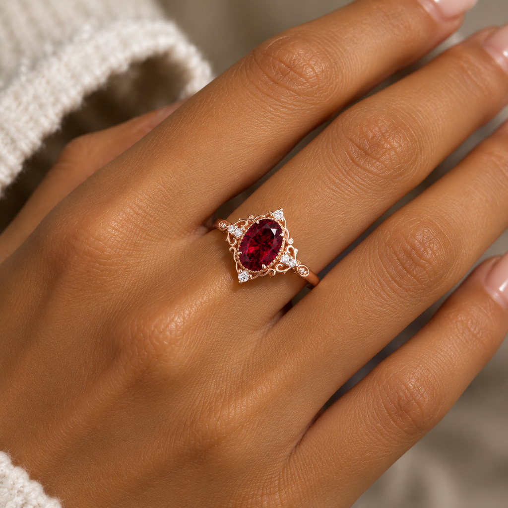 Vintage Milgrain Filigree Oval Red Garnet Engagement Ring