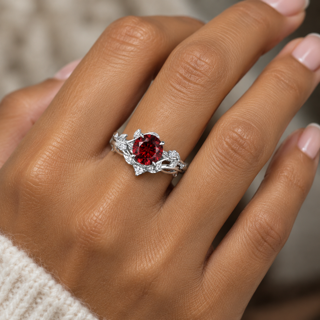 Vintage Leaf & Vine Round Red Garnet Bridal Ring Set