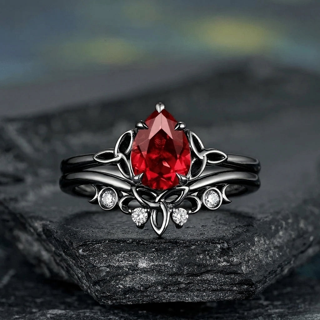 Gothic Black Gold Vine Leaf Pear Red Garnet Ring Set
