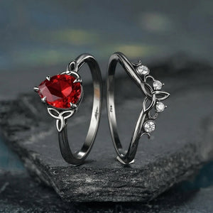 Gothic Black Gold Vine Leaf Pear Red Garnet Ring Set