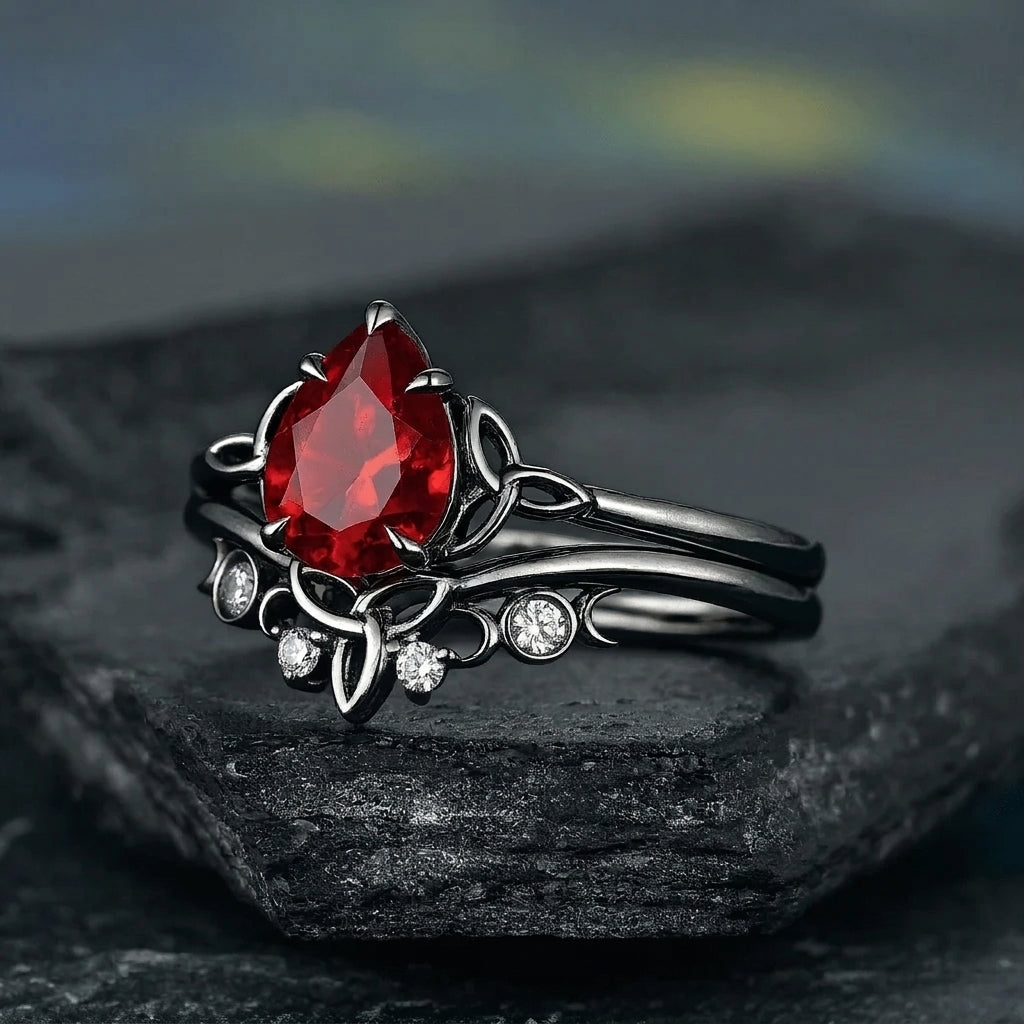 Gothic Black Gold Vine Leaf Pear Red Garnet Ring Set