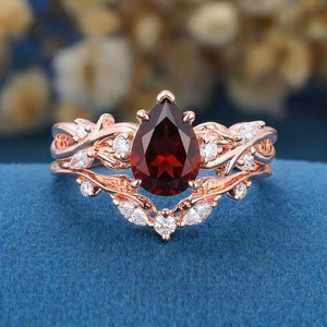 Vintage Rose Gold Vine Leaf Pear Red Garnet Ring Set