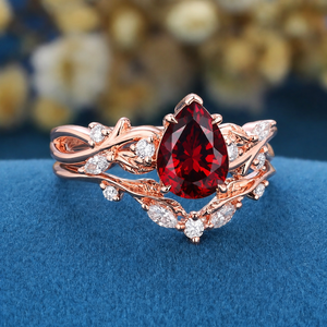 Vintage Rose Gold Vine Leaf Pear Red Garnet Ring Set