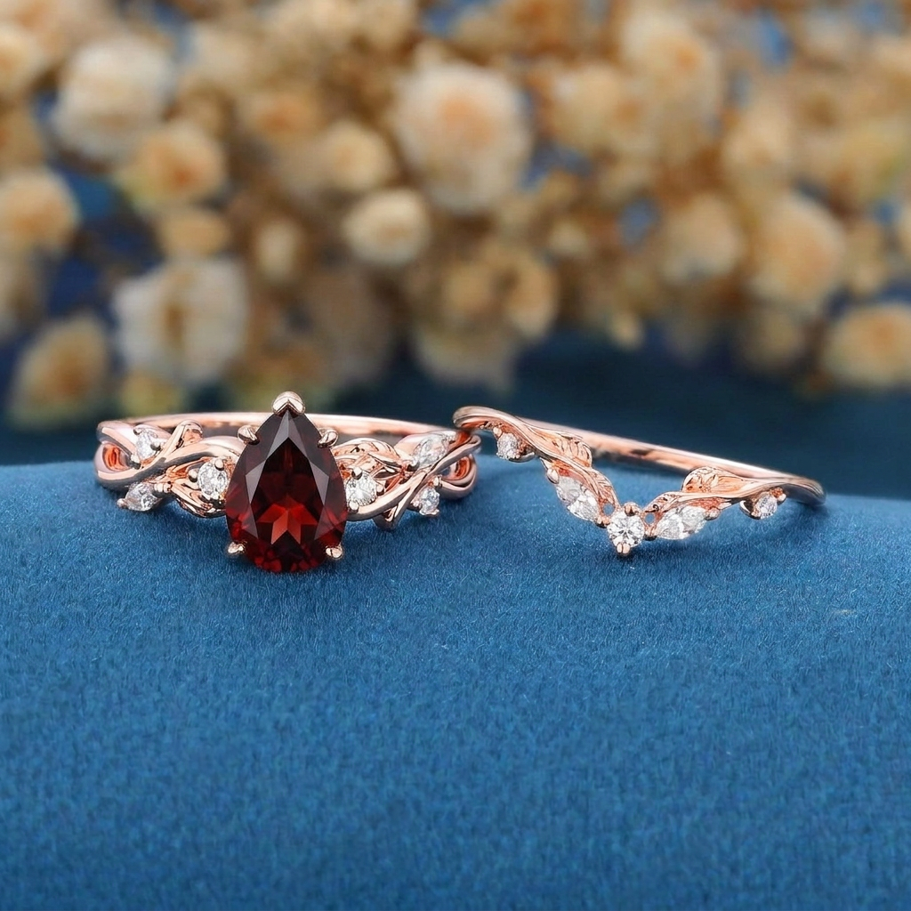 Vintage Rose Gold Vine Leaf Pear Red Garnet Ring Set