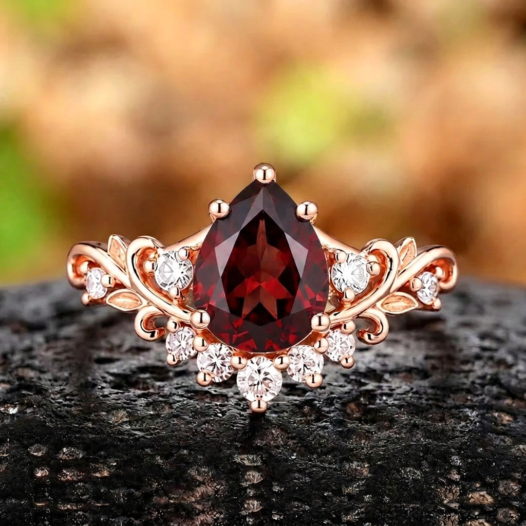 Vintage Floral Cluster Pear Ruby Bridal Ring Set